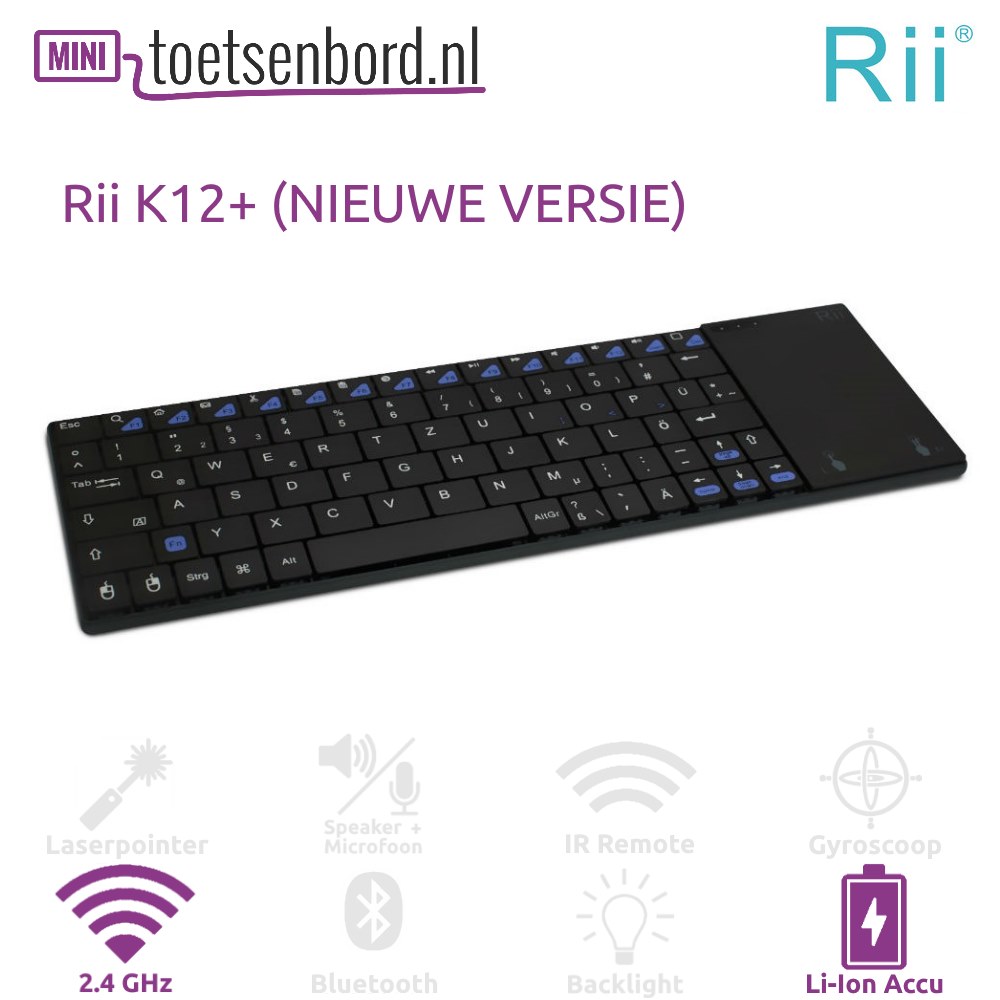 Rii mini K12+ Ultra Slim + Touchpad (Nieuwe 2.4ghz versie) - RII-MWK12-WS-BK - MiniToetsenbord.nl