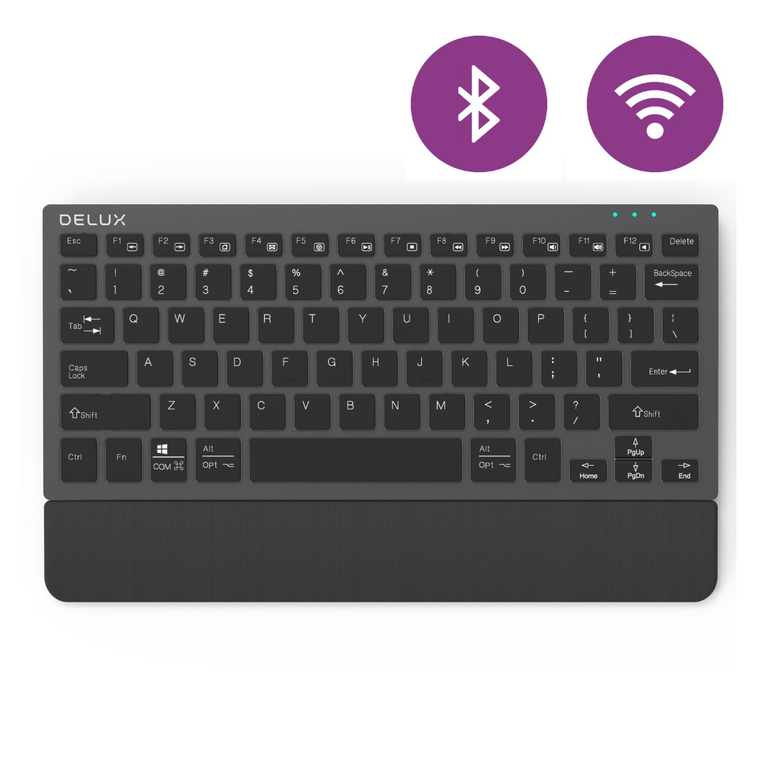 vrijwilliger rand Ouderling Delux K3300D Ergonomisch Compact draadloos toetsenbord - Bluetooth + 2.4ghz  - Stille Scissors toetsen - Oplaadbaar - Zwart/zilver - Met stoffen  palmsteun - QWERTY/US - MiniToetsenbord.nl
