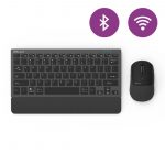 Delux K3300D+M520DB Compact draadloos toetsenbord + Muis - Bluetooth + 2.4ghz - Stille Scissors toetsen - Oplaadbaar - Zwart/zilver - Met stoffen palmsteun - QWERTY/US